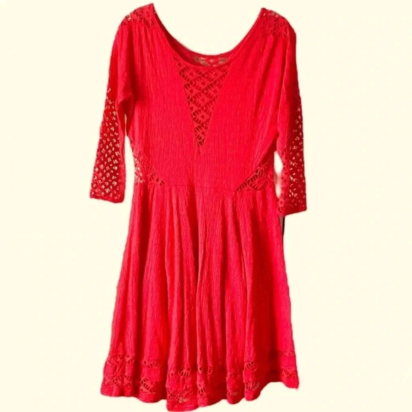 FREE PEOPLE | To the Point Lace Cutout Orange Mini Skater Dress Size L (No Tag) - Picture 2 of 8